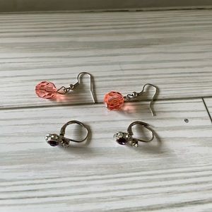Acrylic pink bead dangling, Purple stone and rhinestone lever back earrings
